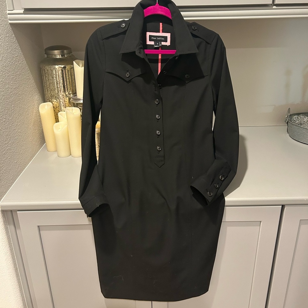 Pink Tartan Black Dress- long sleeves with button front & side zip.